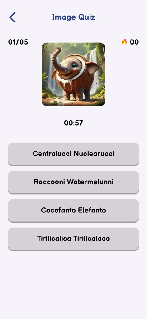 Italian Brainrot Quiz: Sounds - Une capture d'écran de l'interface du Quiz Image montrant un personnage hybride surréaliste éléphant-noix de coco avec des boutons de réponse à choix multiples.