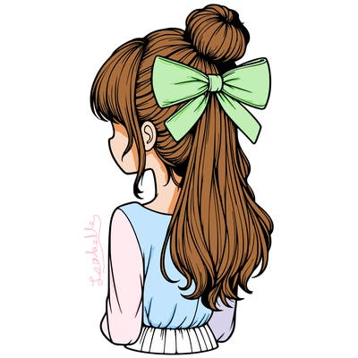 realistic girl  with hip length hair a bun and a big bow on the back of head