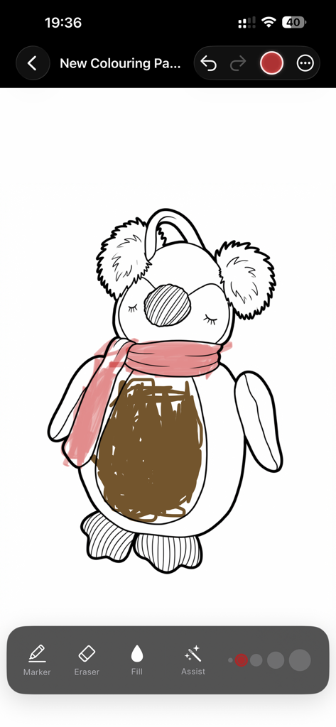 Digital coloring of a penguin character in the Photo2Colouring Book app interface.