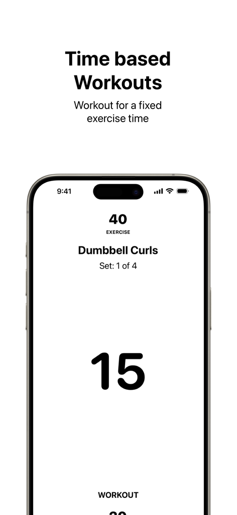 Timed: Workout Timer & Planner - Minimalist interface of Timed app showing a countdown timer for dumbbell curls