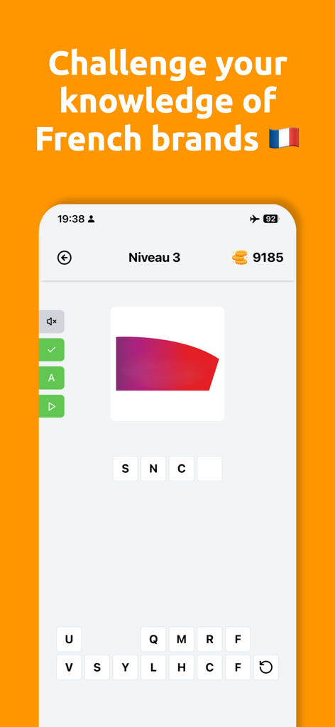 Logo Quiz : Marques Françaises - Gameplay screen of Logo Quiz French Brands showing a level where players guess a brand name from a logo