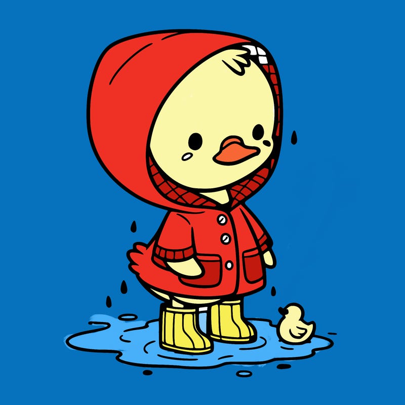 baby duck in a rain coat and boots, in a puddle while it’s raining