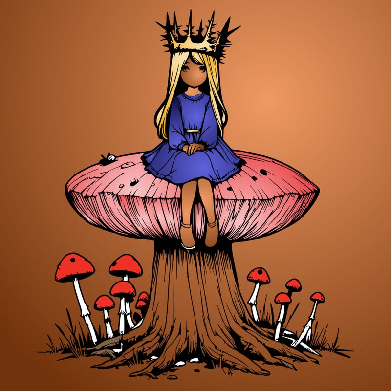 realistic girl sitting on a huge tree stump size toadstool with thorn crown