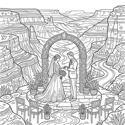 Witness a stunning wedding ceremony unfolding against the dramatic backdrop of a vast canyon overlook. This intricate coloring page captures the romance and grandeur of a special day.