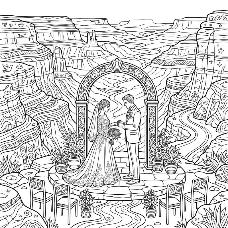 Witness a stunning wedding ceremony unfolding against the dramatic backdrop of a vast canyon overlook. This intricate coloring page captures the romance and grandeur of a special day.
