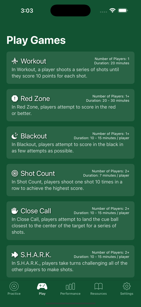 A menu showing different billiards practice game modes like Workout Red Zone and Blackout