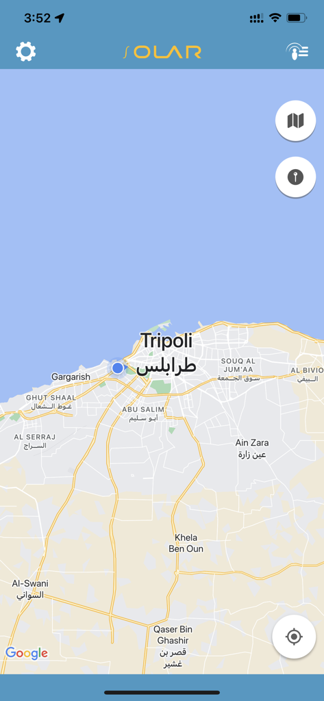 Interfaccia dell'app Sistema di Tracciamento Veicoli Solare che mostra una mappa live per il monitoraggio dei veicoli