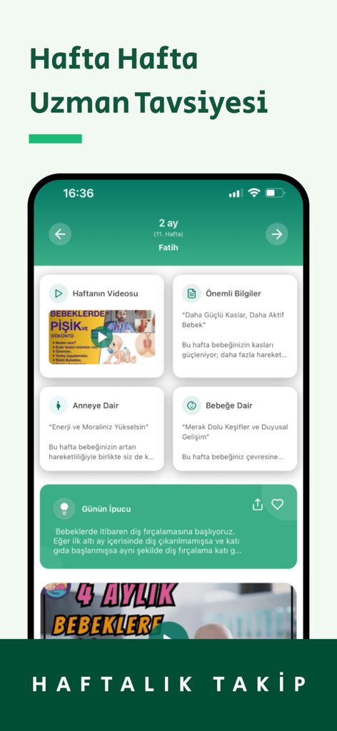 Babysfer | Bebek & Hamilelik - A Turkish language mobile app interface showing weekly baby development tracking and expert medical advice