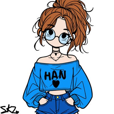 girl with a messy ponytail glasses a baggy crop top and jean shorts