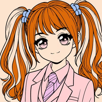 realistic girl with two ponytails and a suit on