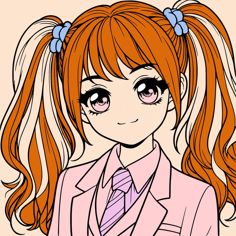 realistic girl with two ponytails and a suit on