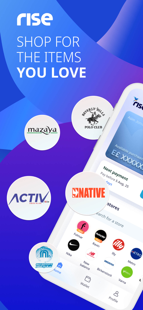 Rise Egypt - Rise Egypt app interface showing partner stores for installment shopping and available purchasing power