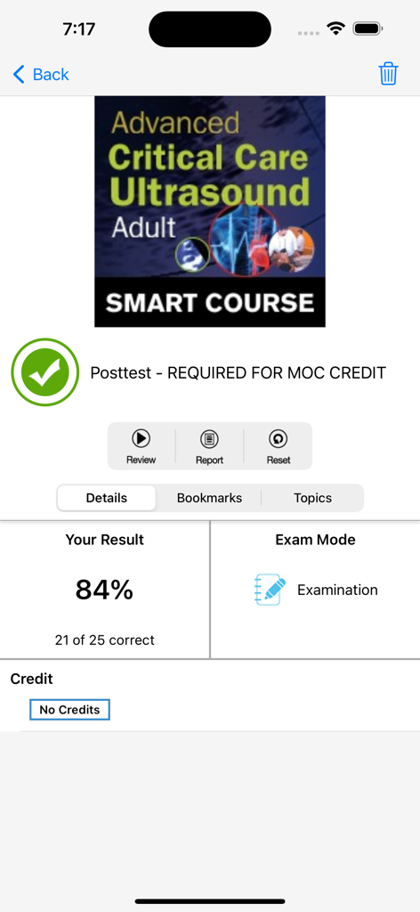 Learn ICU - Learn ICU app showing an 84 percent score for an Advanced Critical Care Ultrasound course exam.