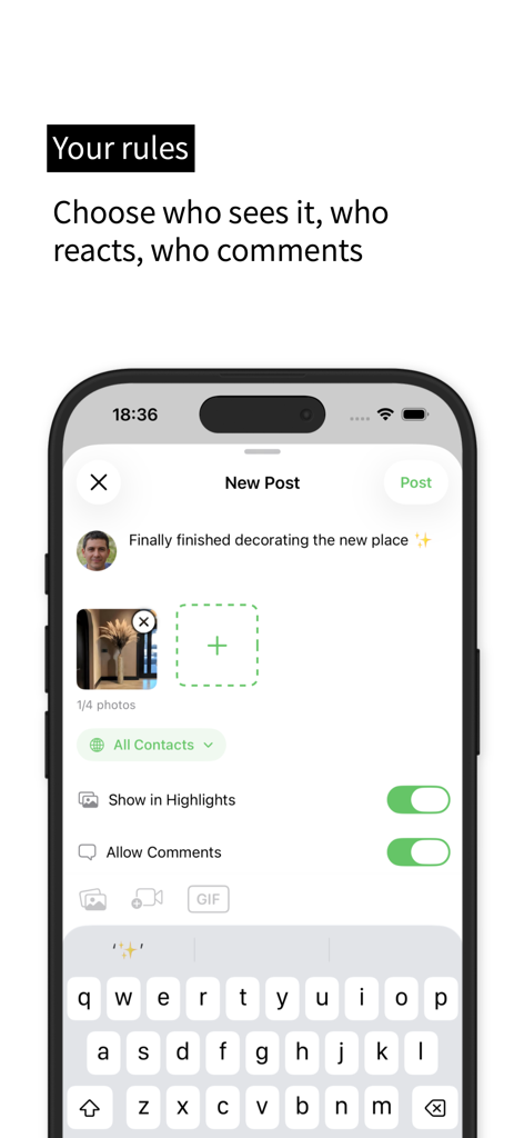 Ciao: Share with who matters - Pantalla móvil de la aplicación Ciao mostrando controles de privacidad para una nueva publicación, incluida la selección de audiencia y los modificadores de comentarios.