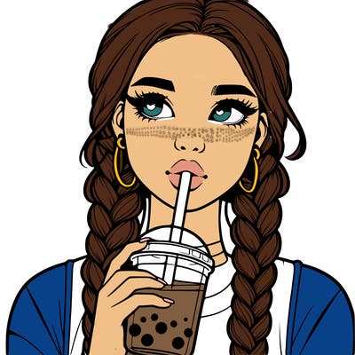 realistic girl with braided hair drinking boba