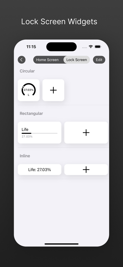 Interface for customizing circular rectangular and inline life progress widgets for the iOS lock screen