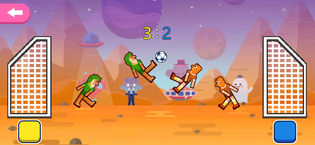Happy Soccer Physics - A physics based soccer match between green and orange ragdoll players on a desert planet