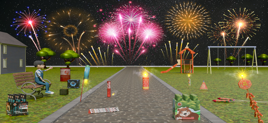 Pyrotechnic Fireworks Games 3D - 바닥에 폭죽이 있는 놀이터 위 밤하늘에 화려한 불꽃놀이가 폭발하는 3D 시뮬레이션