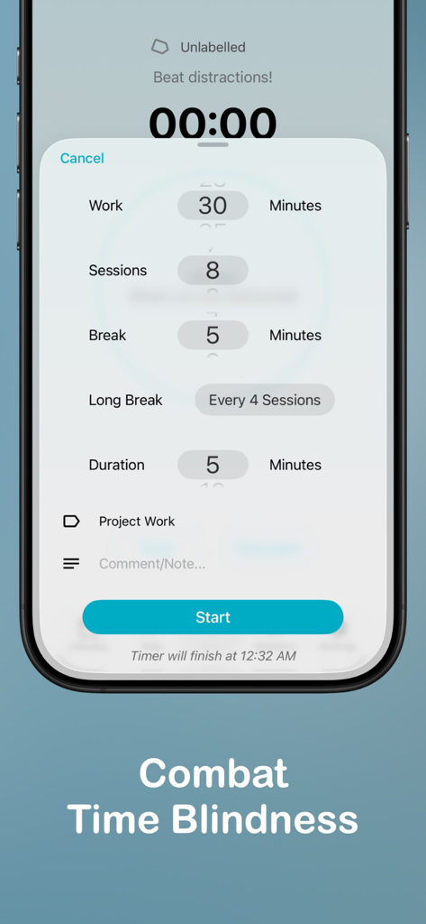Engross: ADHD Focus Timer - Setup screen for focus sessions in Engross app to combat time blindness