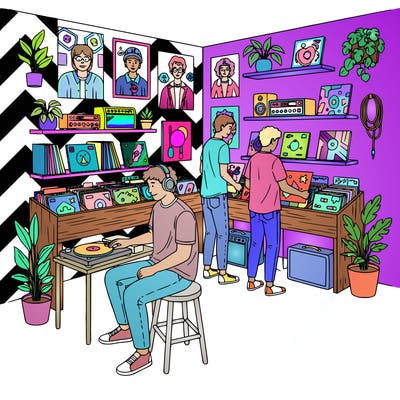 friends at a record store

a cozy record store where a few friends browse vinyl records together. people flip through record bins while someone listens to music at a small listening station with headphones. posters of musicians hang on the walls and shelves hold records and music equipment. include simple decorations, album covers, stools, and plants so there are interesting details but the space still feels open and easy to color.