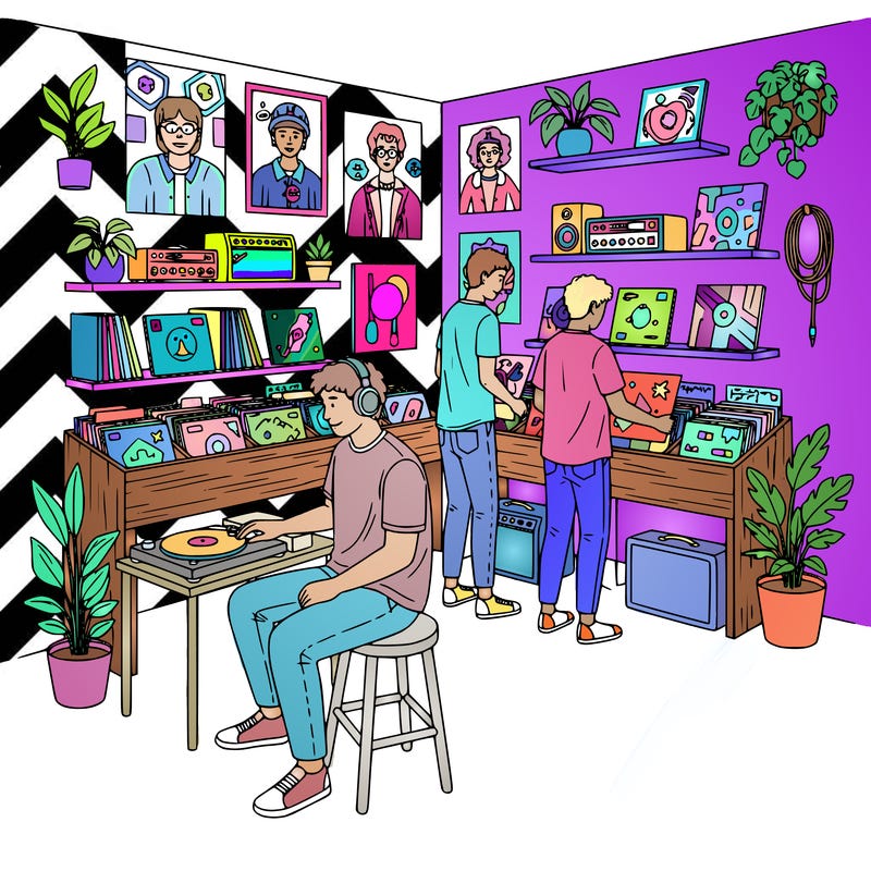 friends at a record store

a cozy record store where a few friends browse vinyl records together. people flip through record bins while someone listens to music at a small listening station with headphones. posters of musicians hang on the walls and shelves hold records and music equipment. include simple decorations, album covers, stools, and plants so there are interesting details but the space still feels open and easy to color.