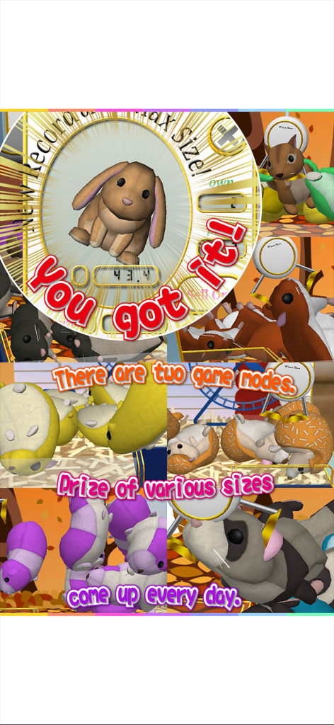 A collage showing various virtual pet plushies and gameplay scenes in the Claw Crane Little Pets app.