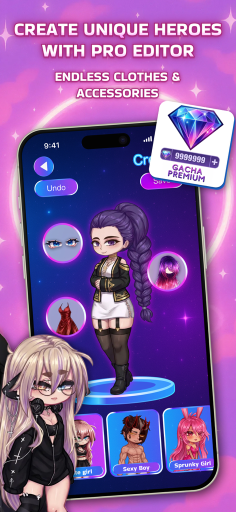 Interface of the Gacha World Club app showing a pro editor for creating unique anime heroes with various skins and outfits