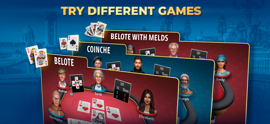 Belote & Coinche by Pokerist - Exibição de diferentes modos de jogo, incluindo Belote, Coinche e Belote com Melds em gráficos 3D com avatares de jogadores.