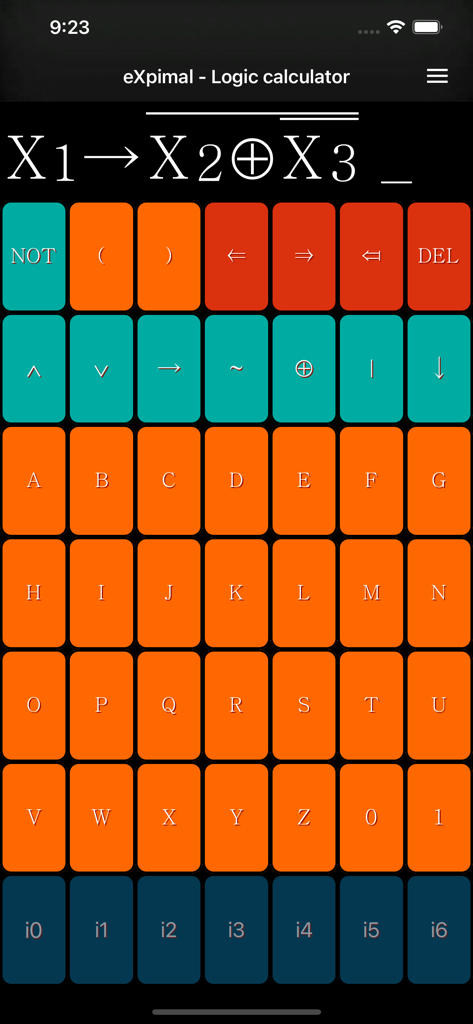 eXpimal - Logic calculator - The input screen of the eXpimal app showing a specialized keyboard for entering Boolean logic formulas and technical symbols