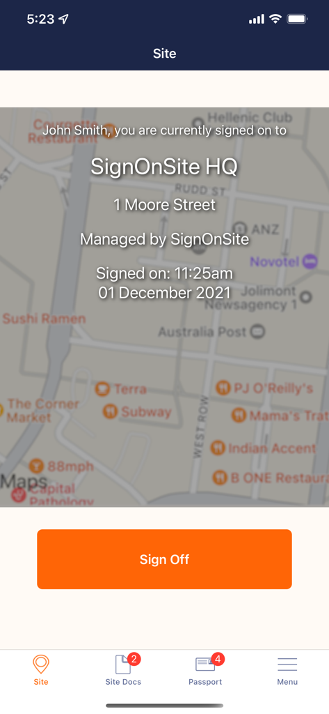 SignOnSite - SignOnSite mobile app interface showing a worker signed into a construction site with location details and an orange sign off button
