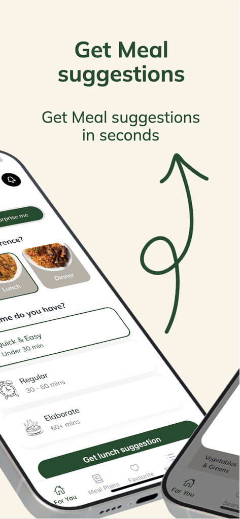 MealCondo app interface showing Nigerian meal suggestions and cooking time filters