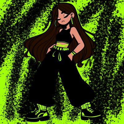 girl in baggy pants crop top and long hair