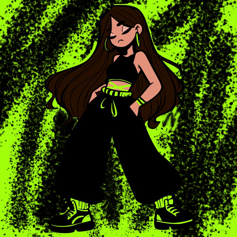 girl in baggy pants crop top and long hair