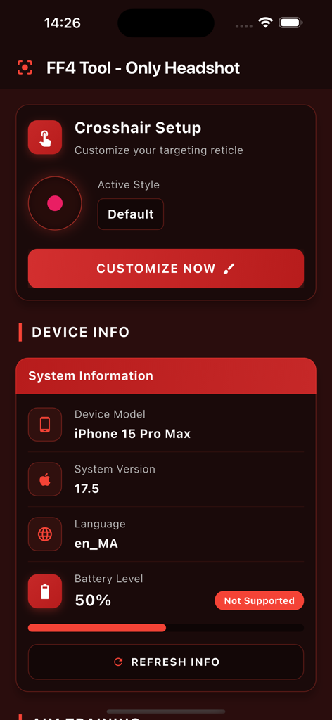 Dashboard of the FF4 Tool app showing crosshair customization options and device system information for an iPhone 15 Pro Max.