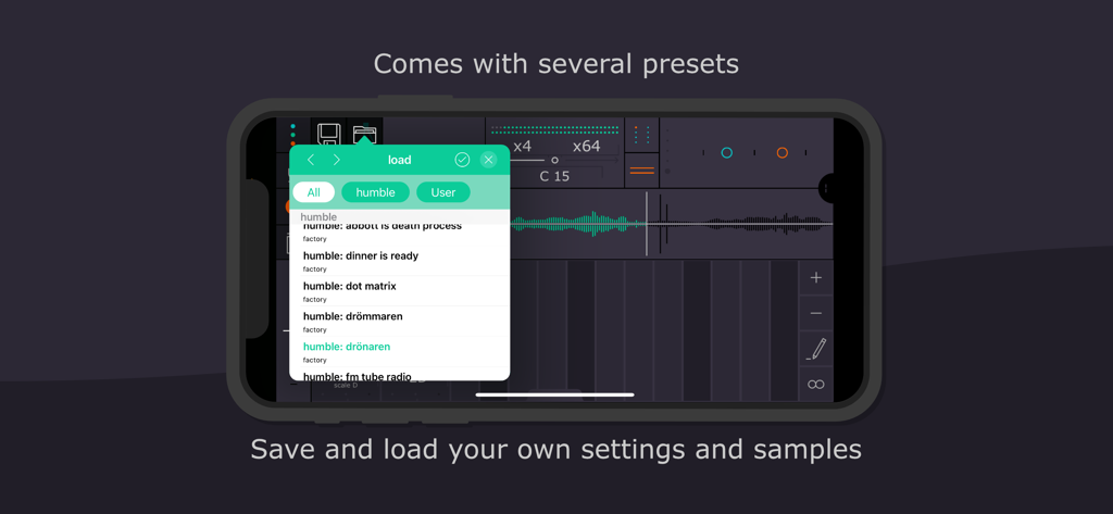 Tardigrain mobile app interface showing the preset selection menu for granular synthesis sounds
