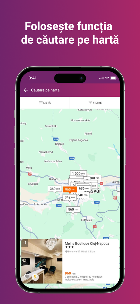 Búsqueda en el mapa de la aplicación móvil Travelminit mostrando precios de alojamiento en Cluj Napoca, Rumanía.