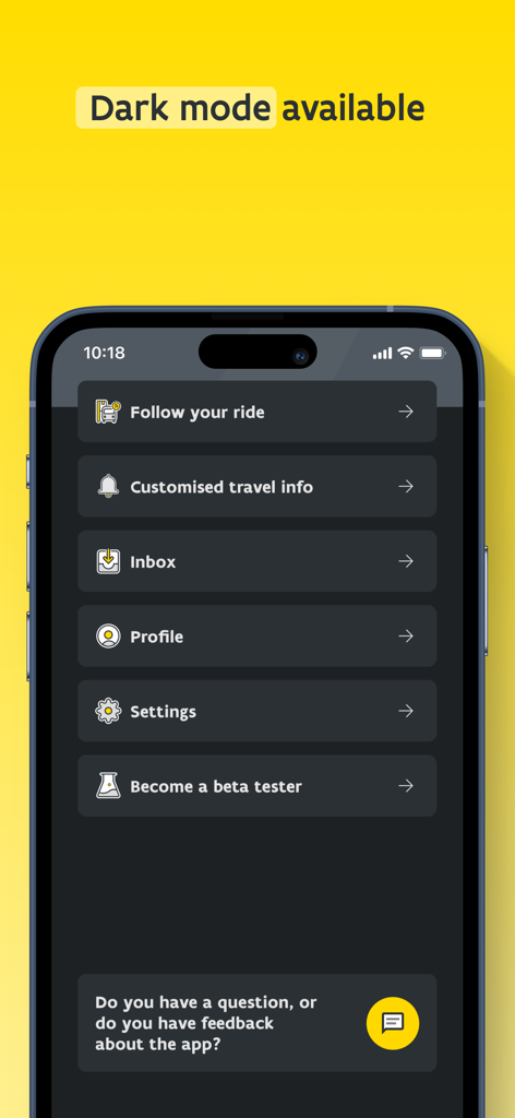 The De Lijn app main menu displayed in dark mode.
