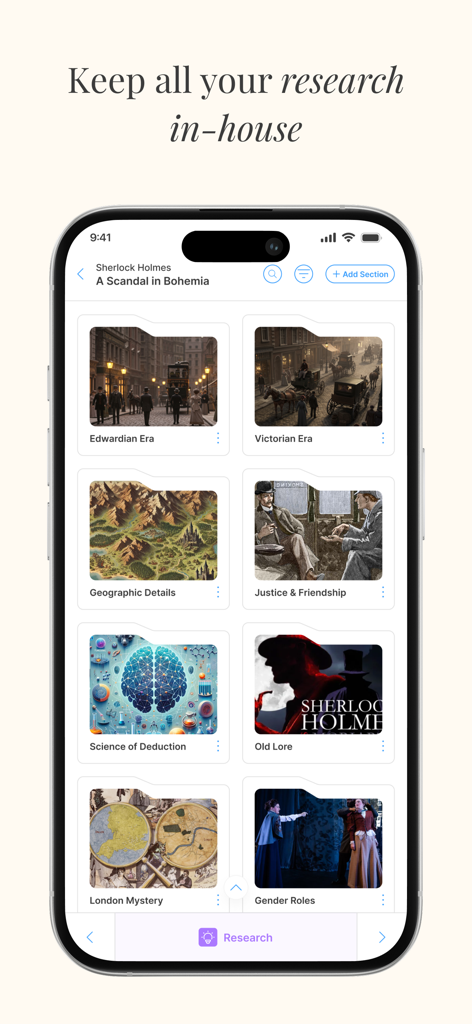 LivingWriter: Write Anywhere - LivingWriter app interface displaying research folders with images and titles for story planning.