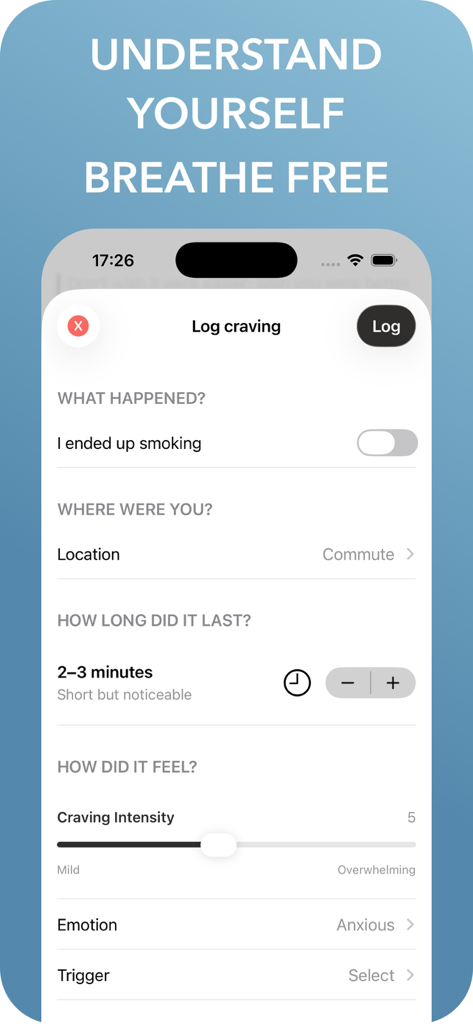Eleos app interface for logging smoking cravings and tracking triggers