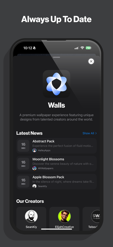 Show Walls - Pantalla de inicio de la aplicación Show Walls que muestra los últimos paquetes de fondos de pantalla y creadores digitales destacados.