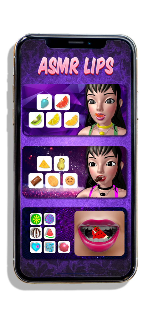Satisfying Lips! ASMR Mukbang - Gameplay screen of Satisfying Lips ASMR Mukbang showing 3D characters eating various snacks and fruits