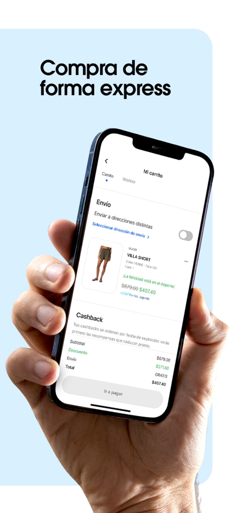 Teléfono móvil que muestra el carrito de compras y la función de pago exprés en la aplicación Innovasport