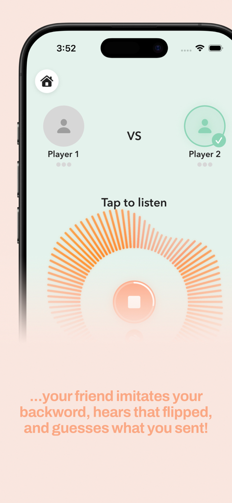 Gameplay screen of the Backwords Game showing a player match and sound wave visualizer