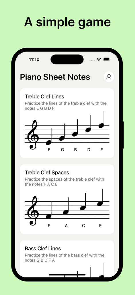 Piano Sheet Notes - The Piano Sheet Notes app menu showing treble and bass clef practice categories.