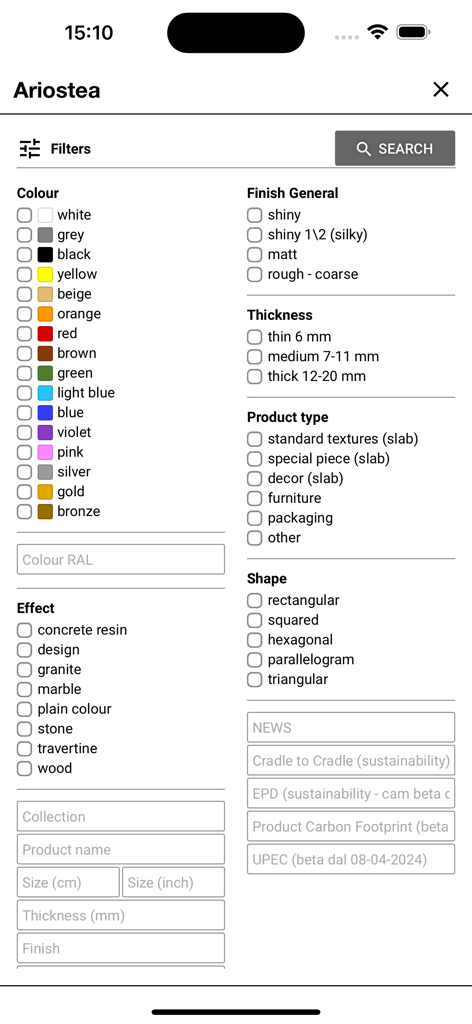 Ariostea - Advanced search filter interface in the Ariostea app for selecting ceramic slab colors, effects, finishes, and technical specifications.