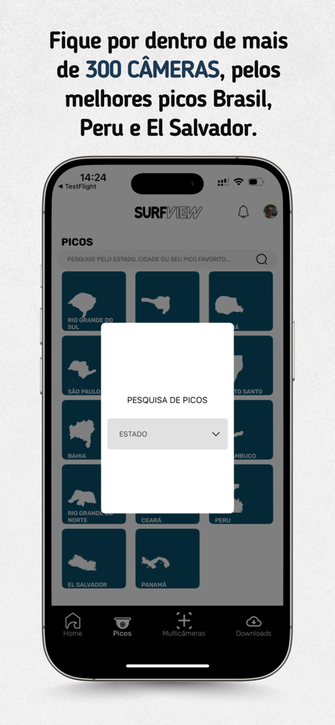Écran de recherche de spots de l'application mobile SurfView pour les caméras de surf en Amérique du Sud