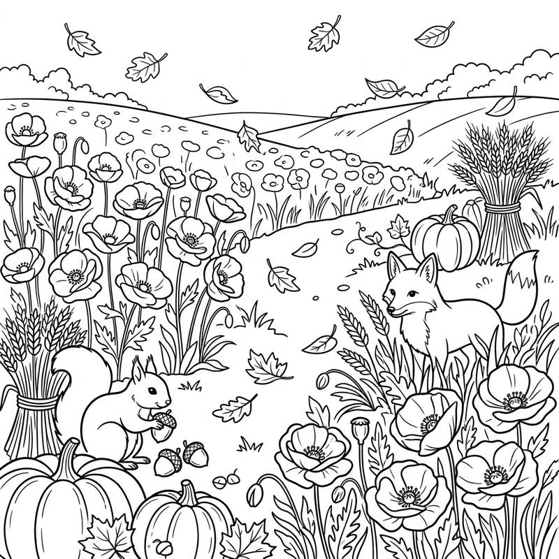 Invite your child to explore a delightful autumn scene where vibrant poppy fields meet the wonders of fall. This charming coloring page features friendly woodland creatures and bountiful harvest elements, perfect for sparking creativity.