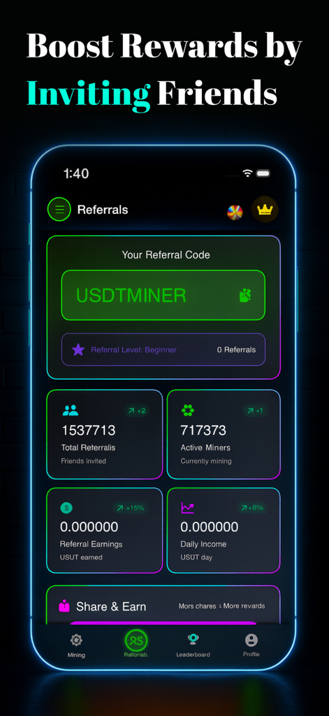 A mobile interface for a crypto mining simulator showing a referral code and statistics for invited friends and earnings.