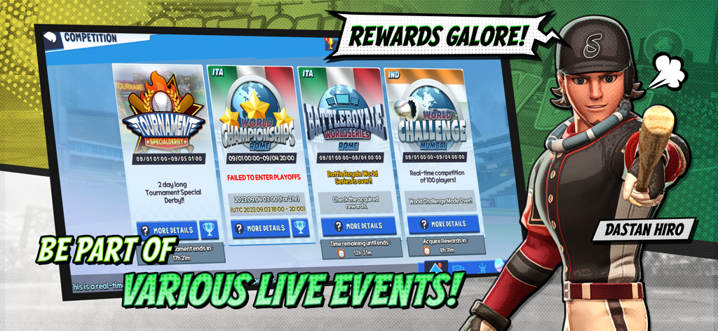 Homerun Clash - Homerun Clash game menu showing various live competition events and rewards