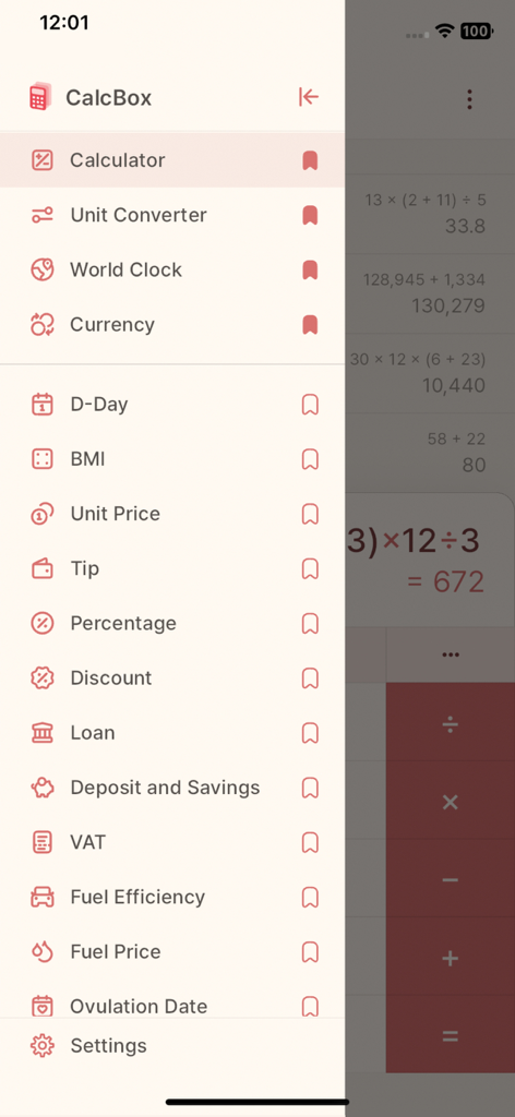 CalcBox -All in One Calculator - CalcBox app side menu featuring a wide variety of calculation and utility tools.